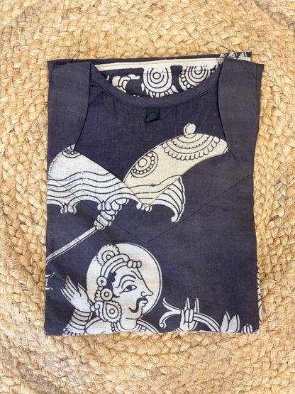 Black Kalamkari Horse & Temple Print Kurti Top