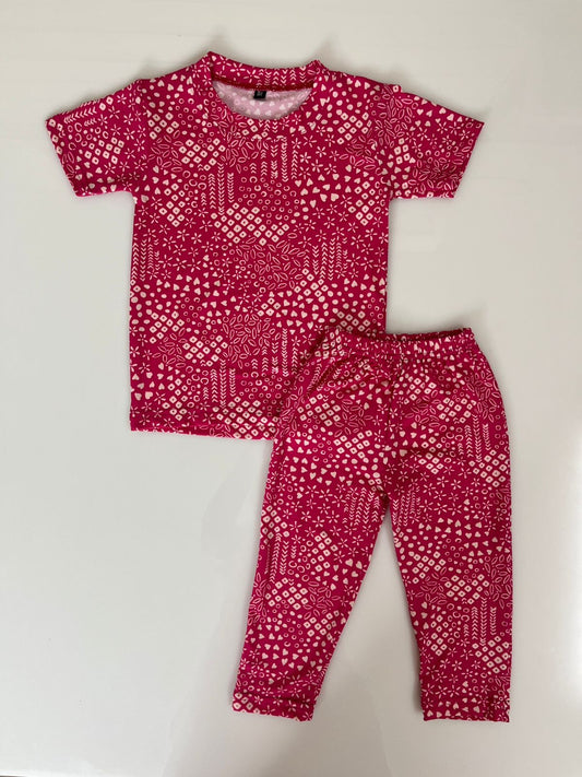 Spun Cotton Fabric Pink Geometric Printed T-Shirt and Pant Co-ords