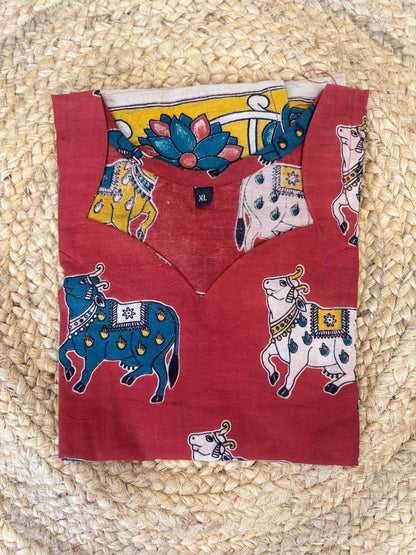 Red Cow Motif Kalamkari Kurti Top