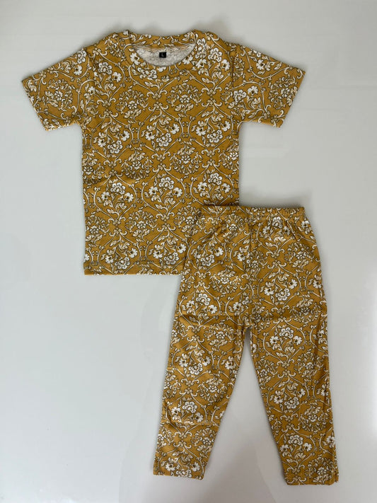Mustard Yellow White Floral Printed T-Shirt and Pant Co-ords