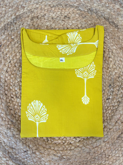Mustard Yellow White Floral Soft cotton Kurti with full lining