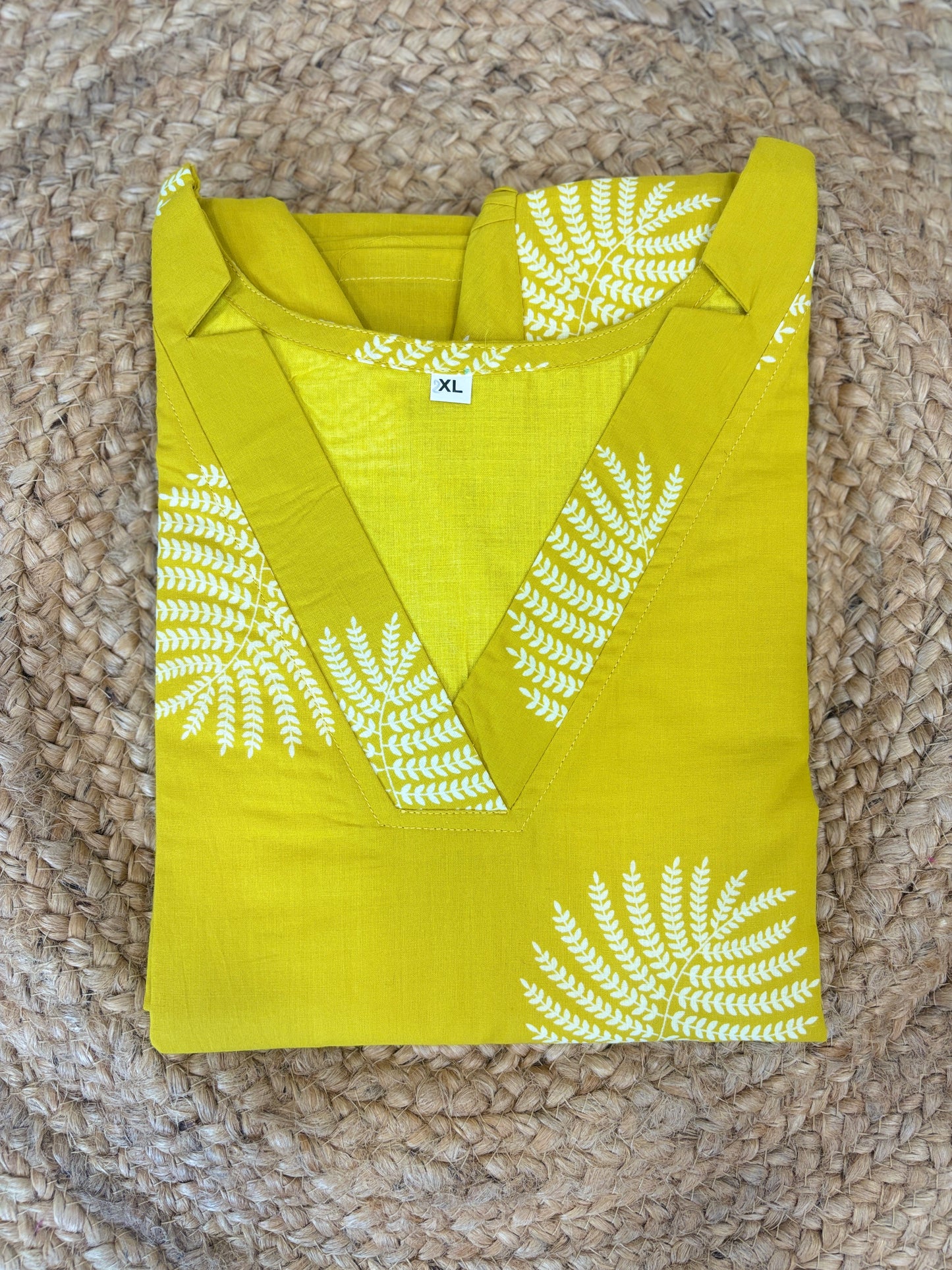 Mustard Yellow White Fern Leaf Print Soft cotton Kurti with full lining