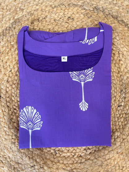 Royal Purple White Fern Leaf Print Soft cotton Kurti with full lining