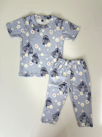 Grey Cartoon Floral Printed T-Shirt and Pant Co-ords