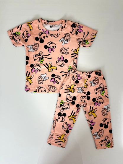 Peach Cartoon Character Printed T-Shirt and Pant Co-ords