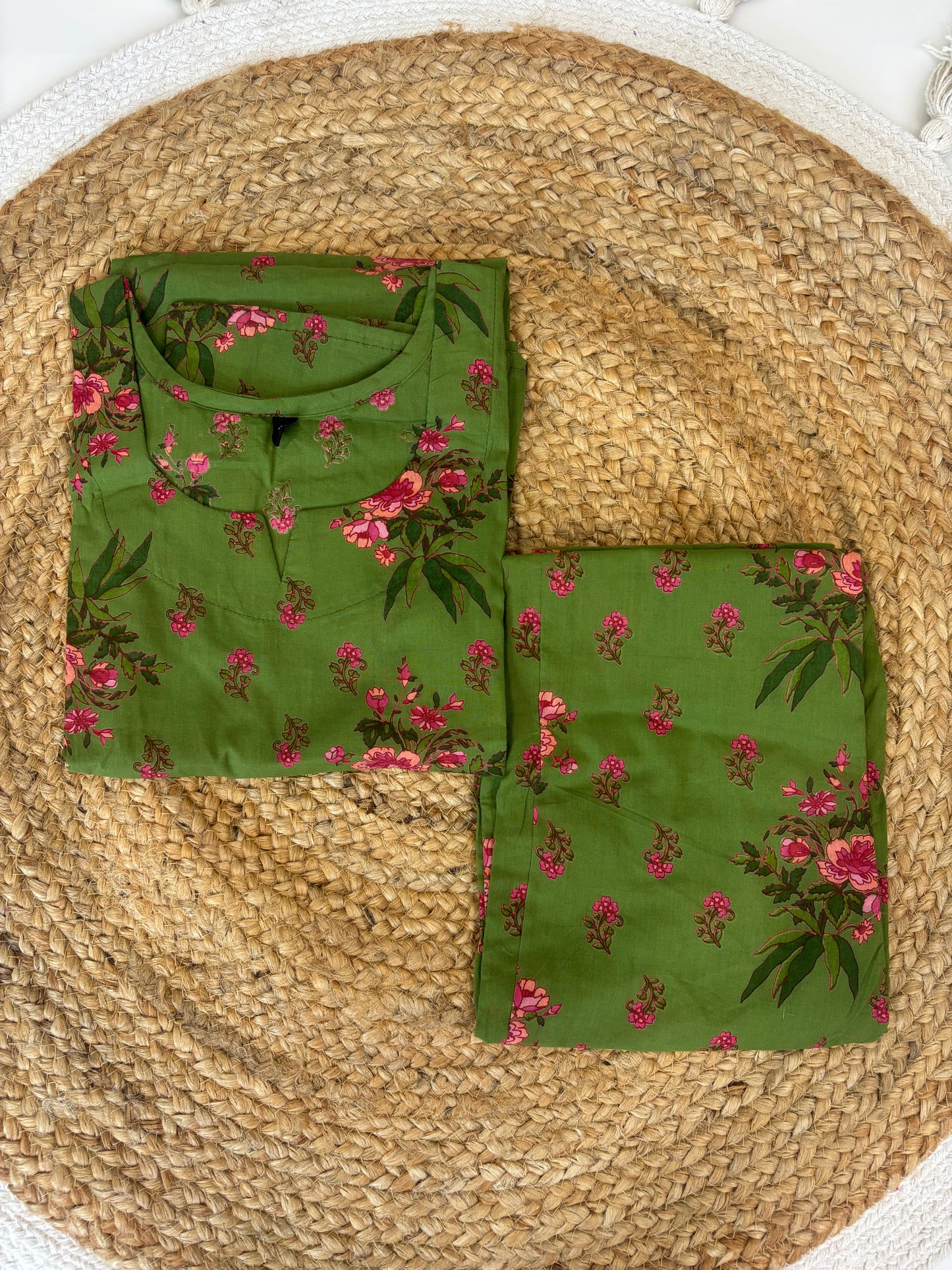Olive Green Floral Printed Kurti Set