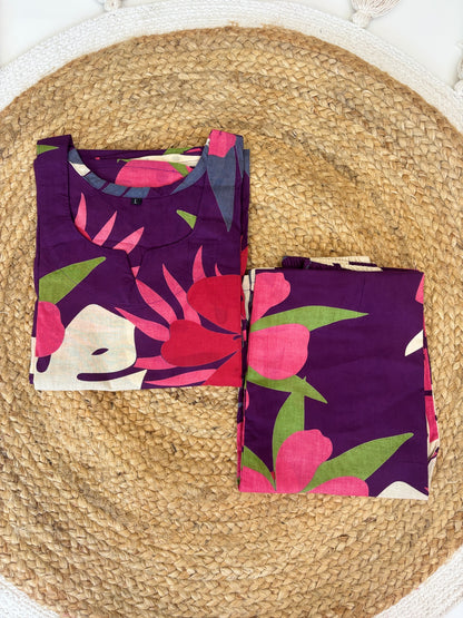 Plum Purple Tropical Floral Printed Kurti Set