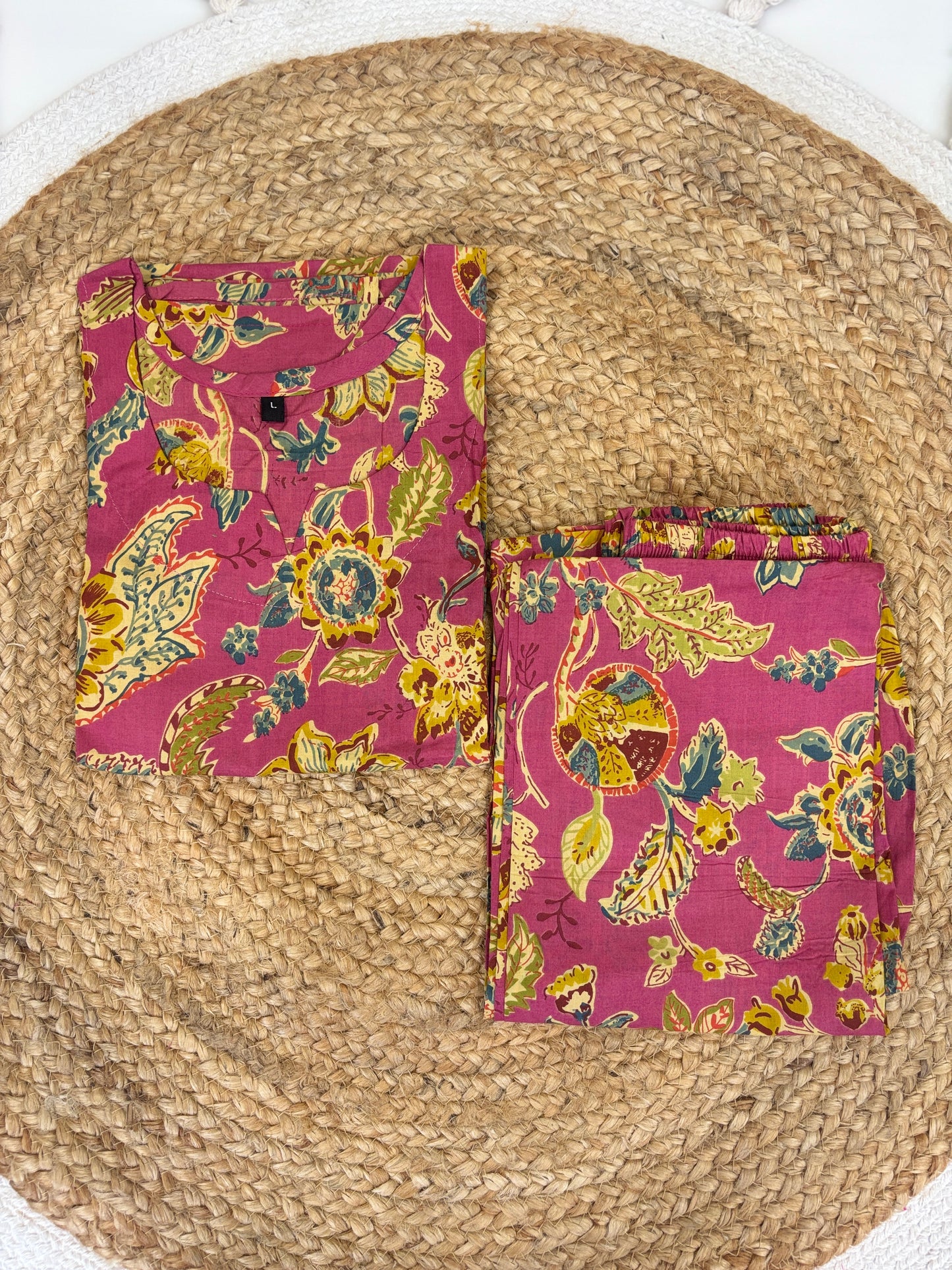 Rani Pink Floral Block Print Kurti Set