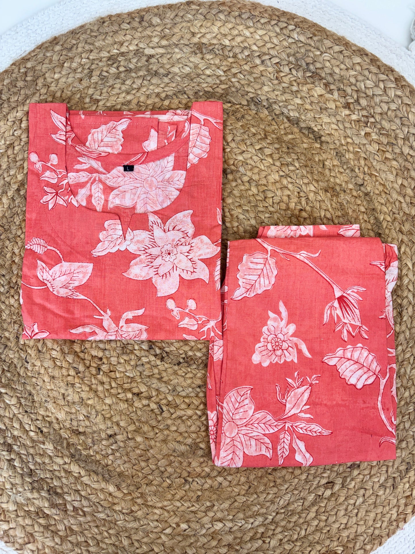Coral Pink Floral Print Kurti Set