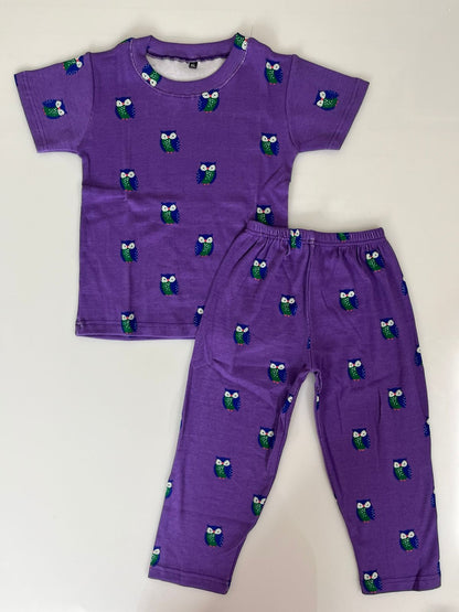 Purple Owl Printed T-Shirt and Pant Co-ords