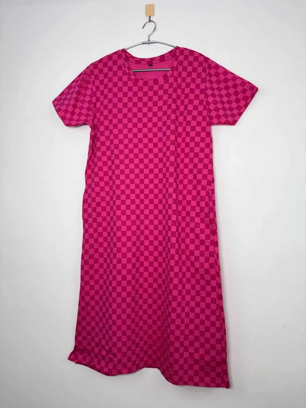 Dark Pink and Gingham Printed Round Neck Long Tunic