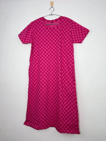 Dark Pink and Gingham Printed Round Neck Long Tunic
