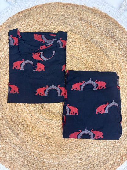 Black & Red Elephant Print Kurti Set