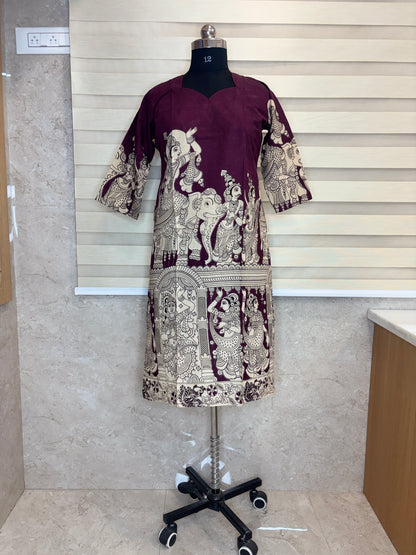 Wine Kalamkari Temple Print Kurti Top