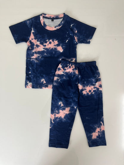 Navy Blue Pink Tie-Dye Printed T-Shirt and Pant Co-ords