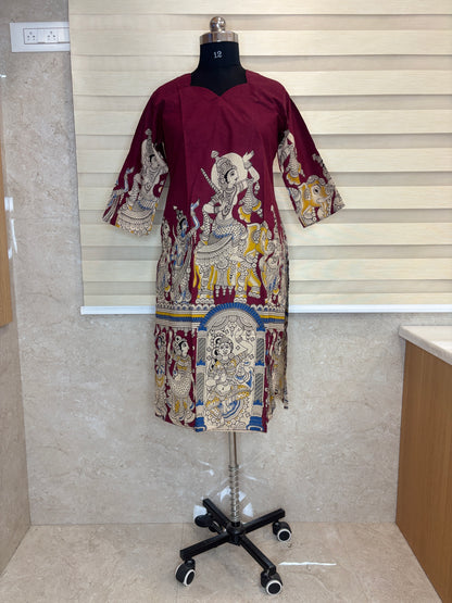 Wine Maroon Kalamkari Kurti Top