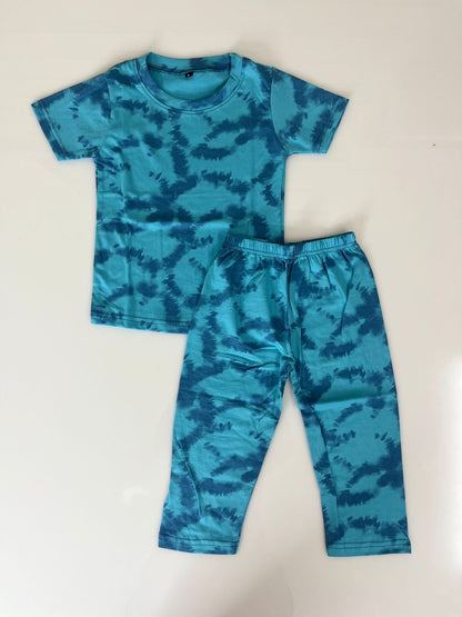 Teal Blue Tie-Dye Printed T-Shirt and Pant Co-ords