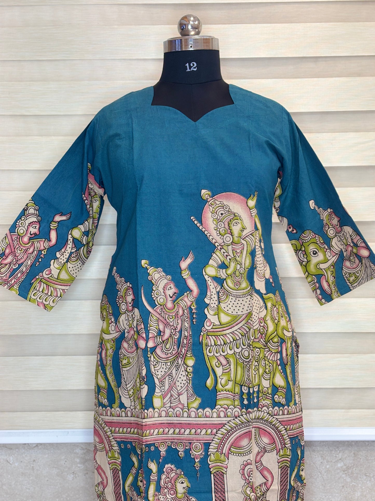 Peacock Teal Blue Kalamkari Kurti Top
