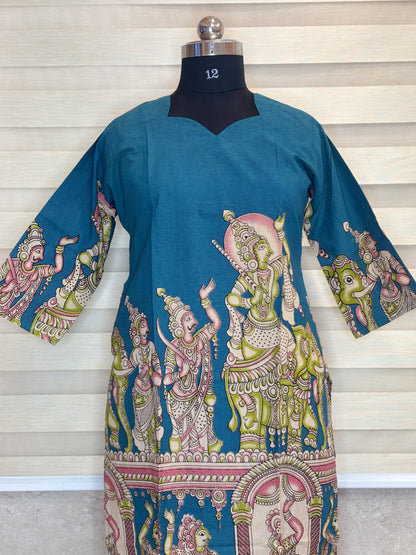 Peacock Teal Blue Kalamkari Kurti Top