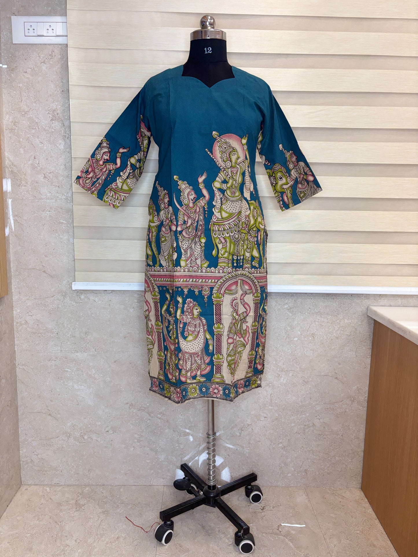 Peacock Teal Blue Kalamkari Kurti Top