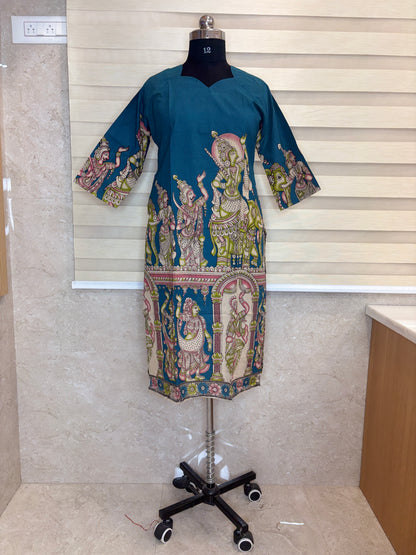 Peacock Teal Blue Kalamkari Kurti Top