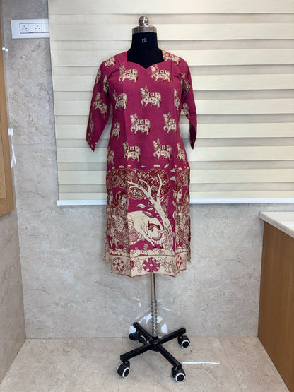 Berry Pink Kalamkari Cow Print Kurti Top