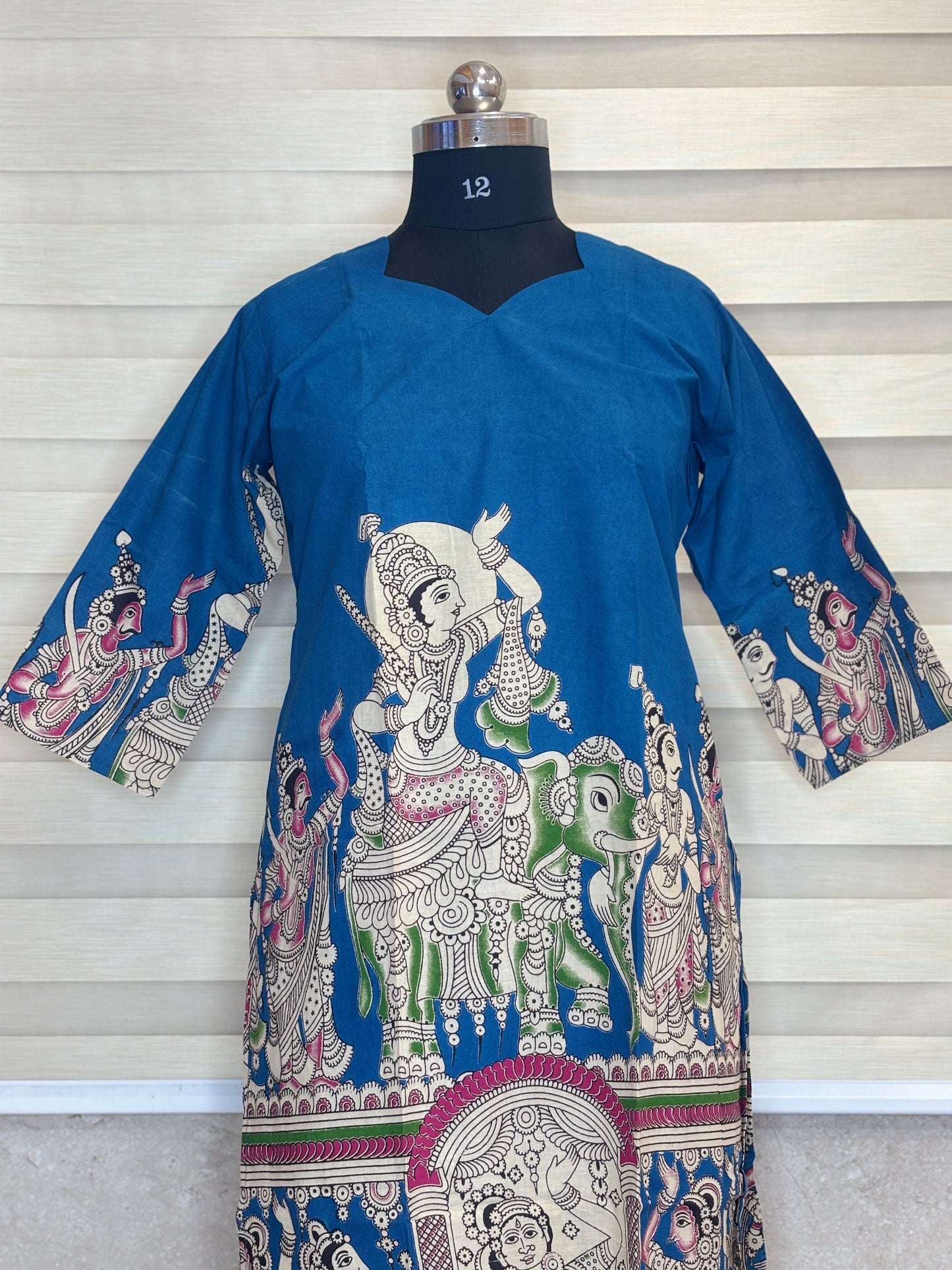 Royal Blue Kalamkari Temple Print Kurti Top