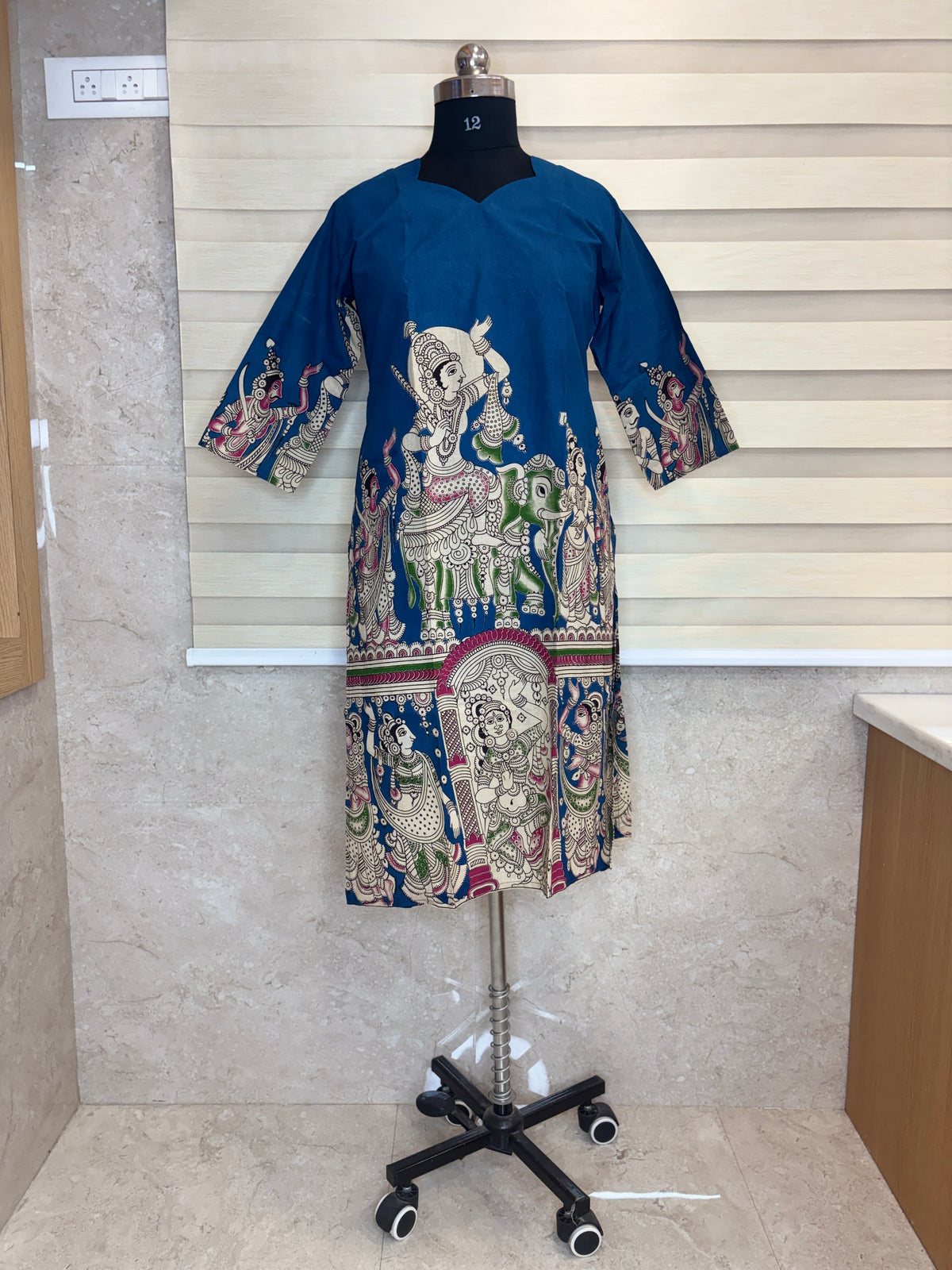Royal Blue Kalamkari Temple Print Kurti Top
