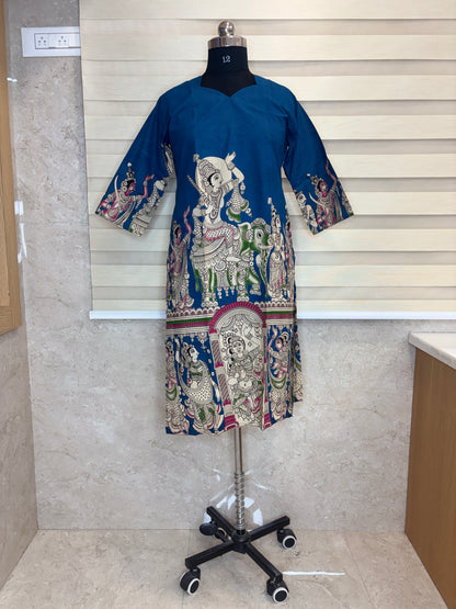 Royal Blue Kalamkari Temple Print Kurti Top