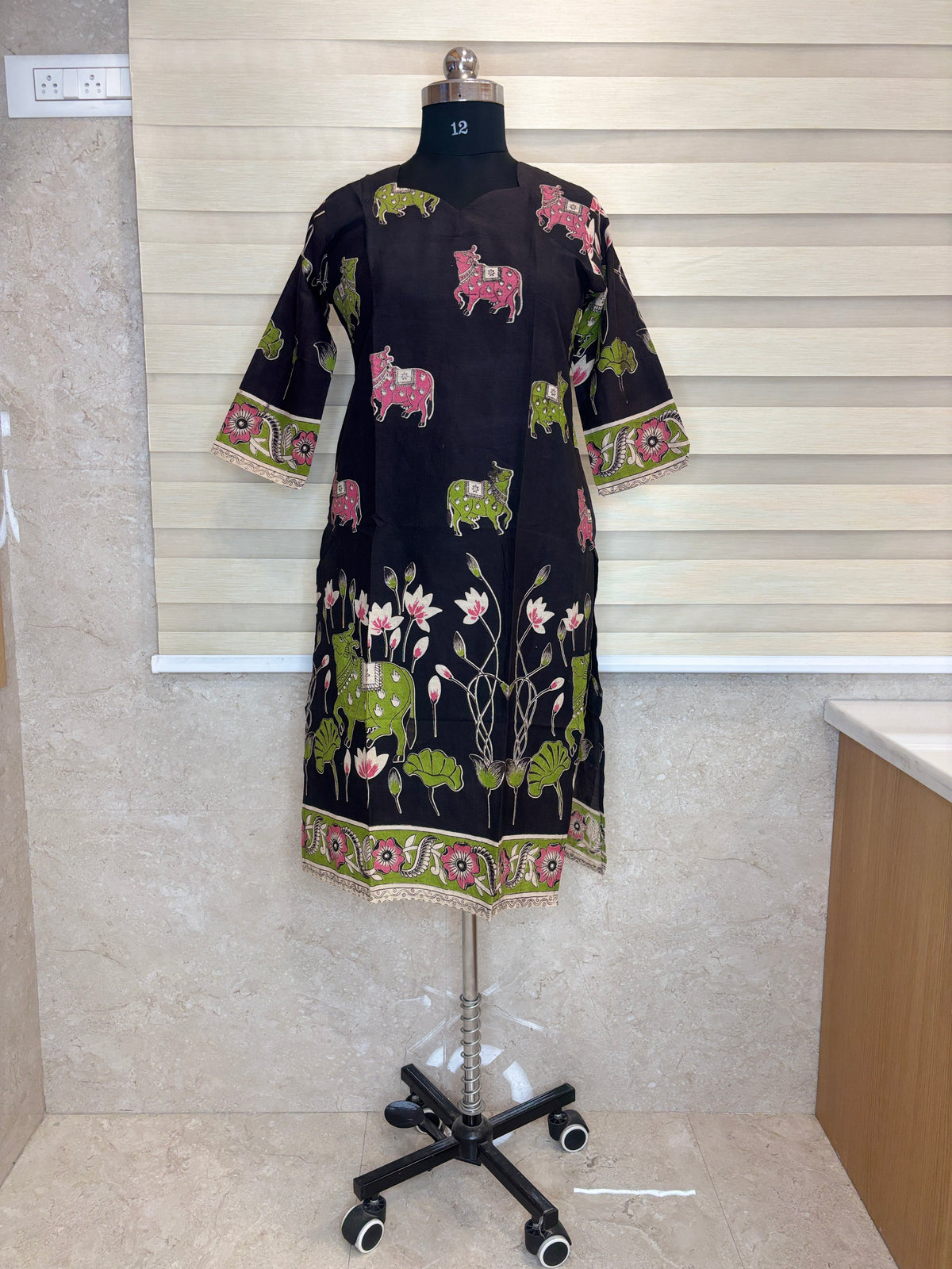 Black Kalamkari Cow & Lotus Floral Print Kurti Top