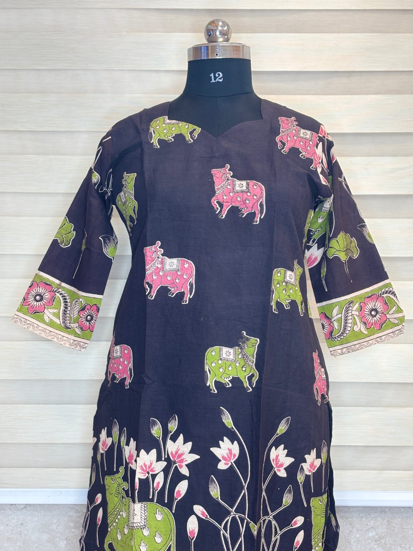 Black Kalamkari Cow & Lotus Floral Print Kurti Top