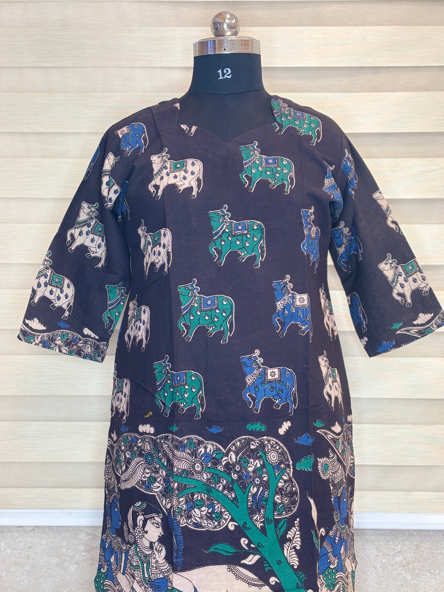 Navy Blue Kalamkari Cow & Folk Art Print Kurti Top