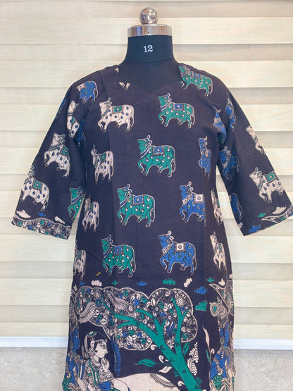 Navy Blue Kalamkari Cow & Folk Art Print Kurti Top