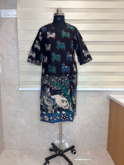 Navy Blue Kalamkari Cow & Folk Art Print Kurti Top