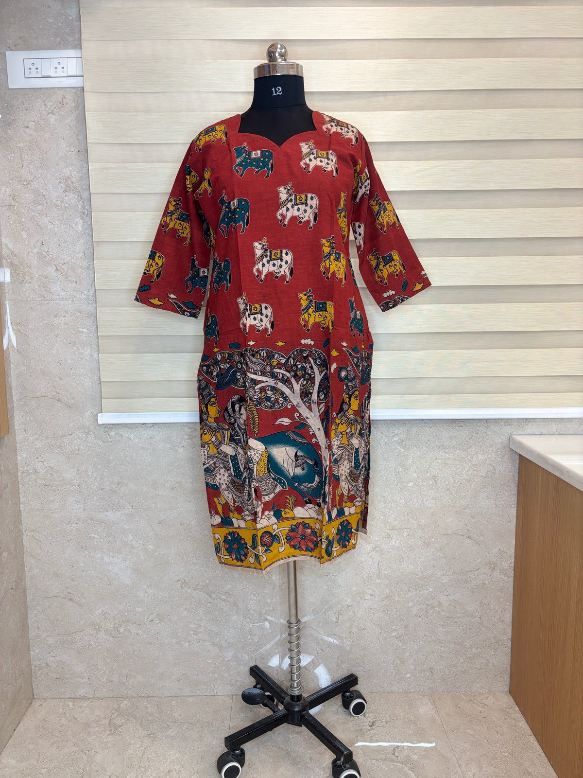 Red Cow Motif Kalamkari Kurti Top