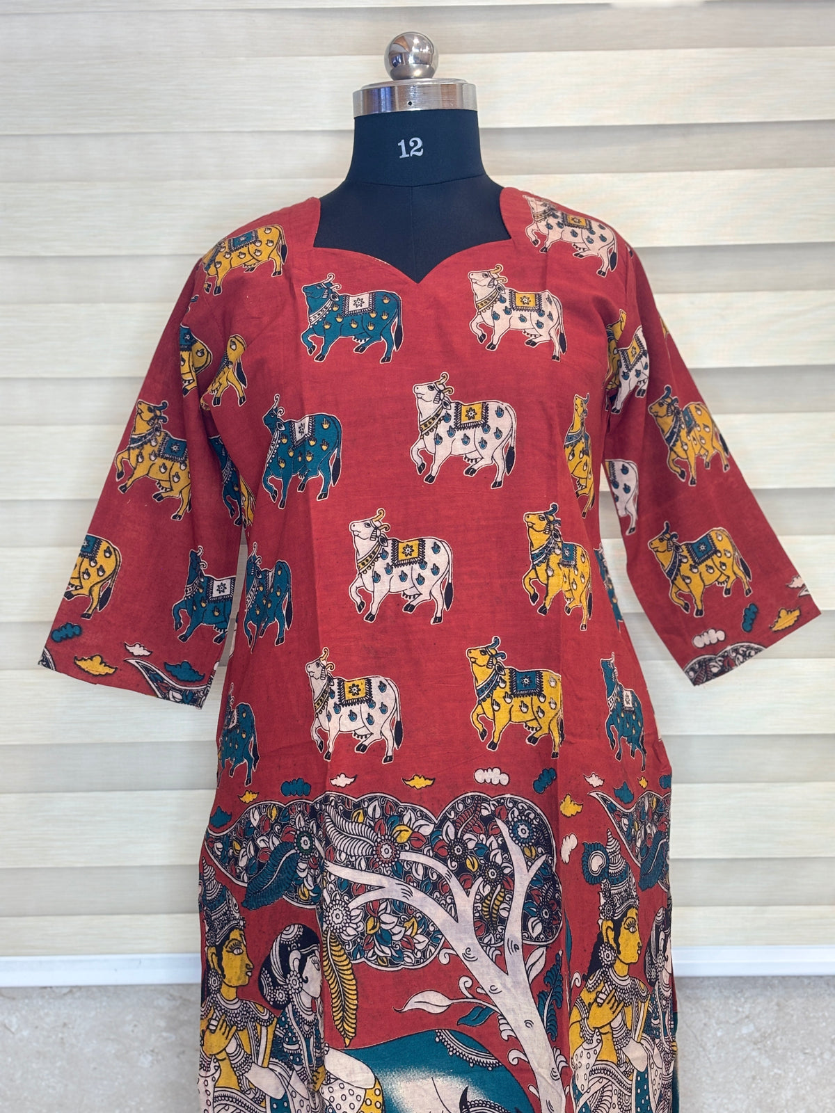 Red Cow Motif Kalamkari Kurti Top
