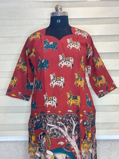 Red Cow Motif Kalamkari Kurti Top