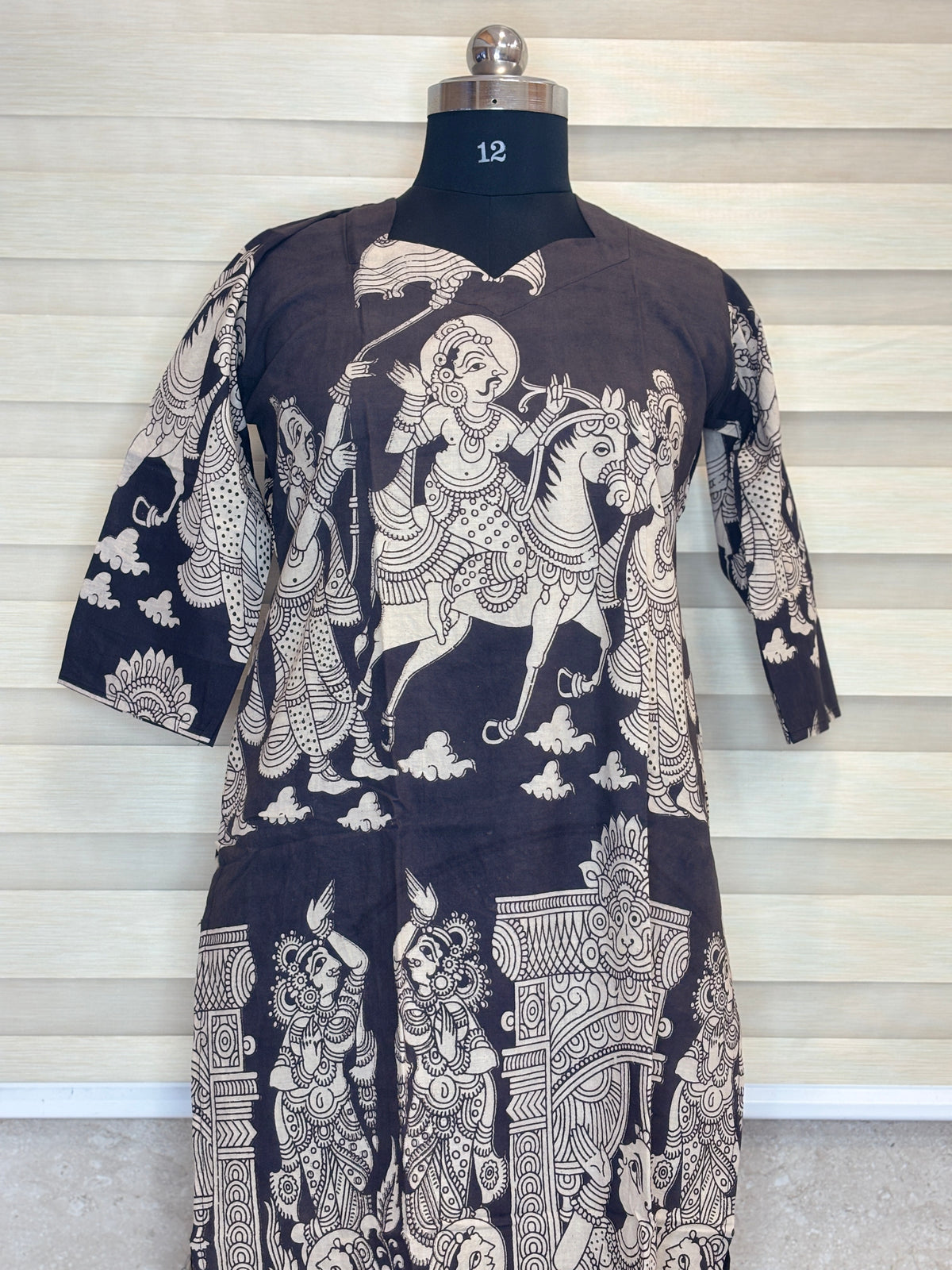 Black Kalamkari Horse & Temple Print Kurti Top