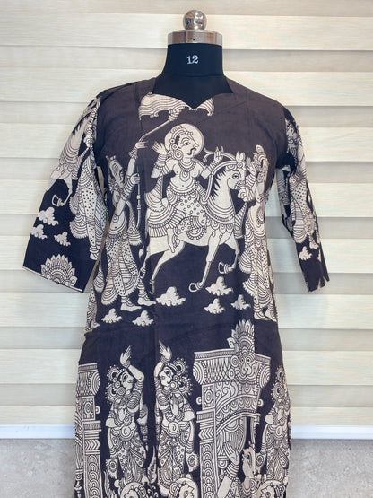 Black Kalamkari Horse & Temple Print Kurti Top