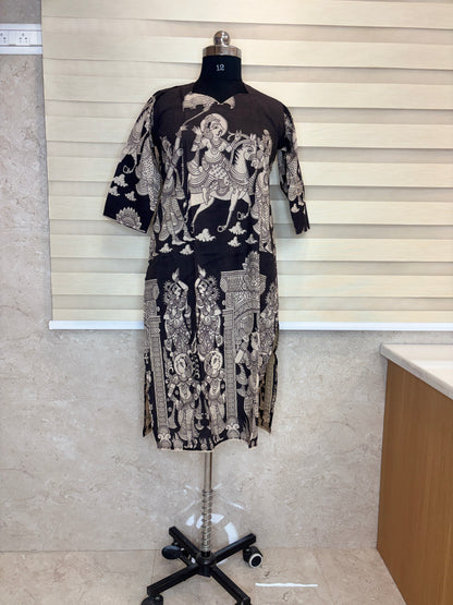 Black Kalamkari Horse & Temple Print Kurti Top