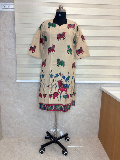 Beige Kalamkari Cow & Floral Print Kurti Top