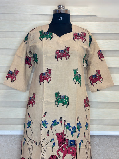Beige Kalamkari Cow & Floral Print Kurti Top