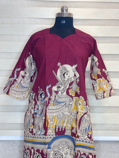 Wine Maroon Kalamkari Kurti Top