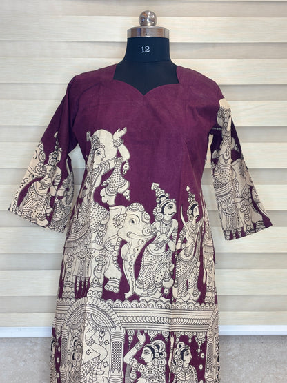 Wine Kalamkari Temple Print Kurti Top