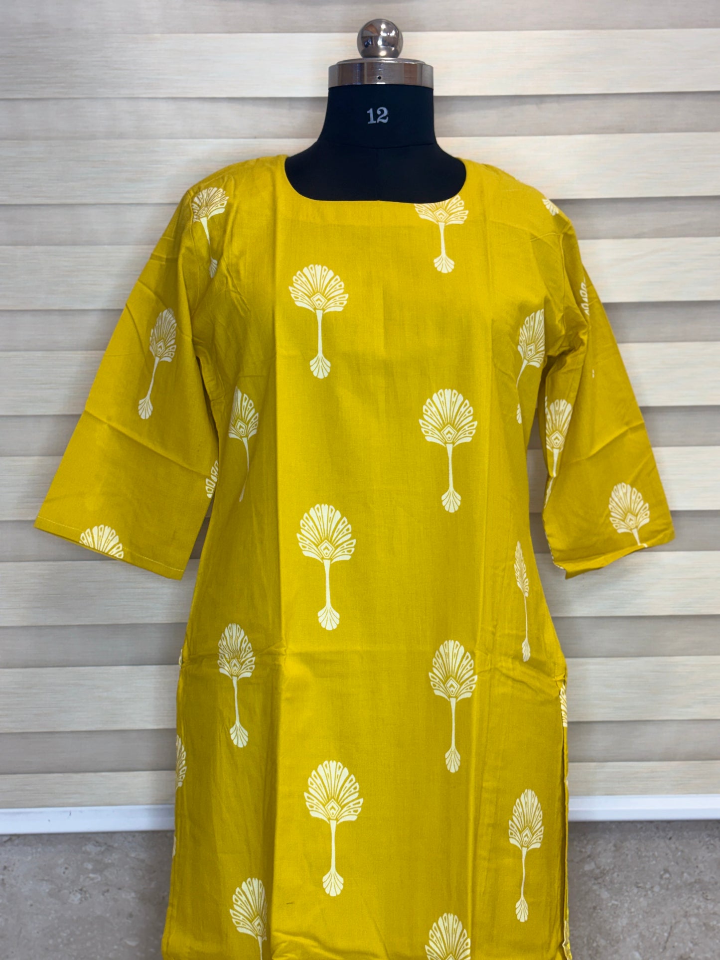 Mustard Yellow White Floral Soft cotton Kurti with full lining