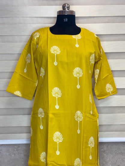 Mustard Yellow White Floral Soft cotton Kurti with full lining