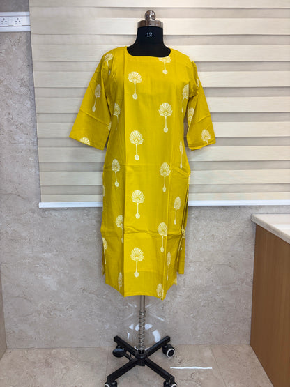 Mustard Yellow White Floral Soft cotton Kurti with full lining