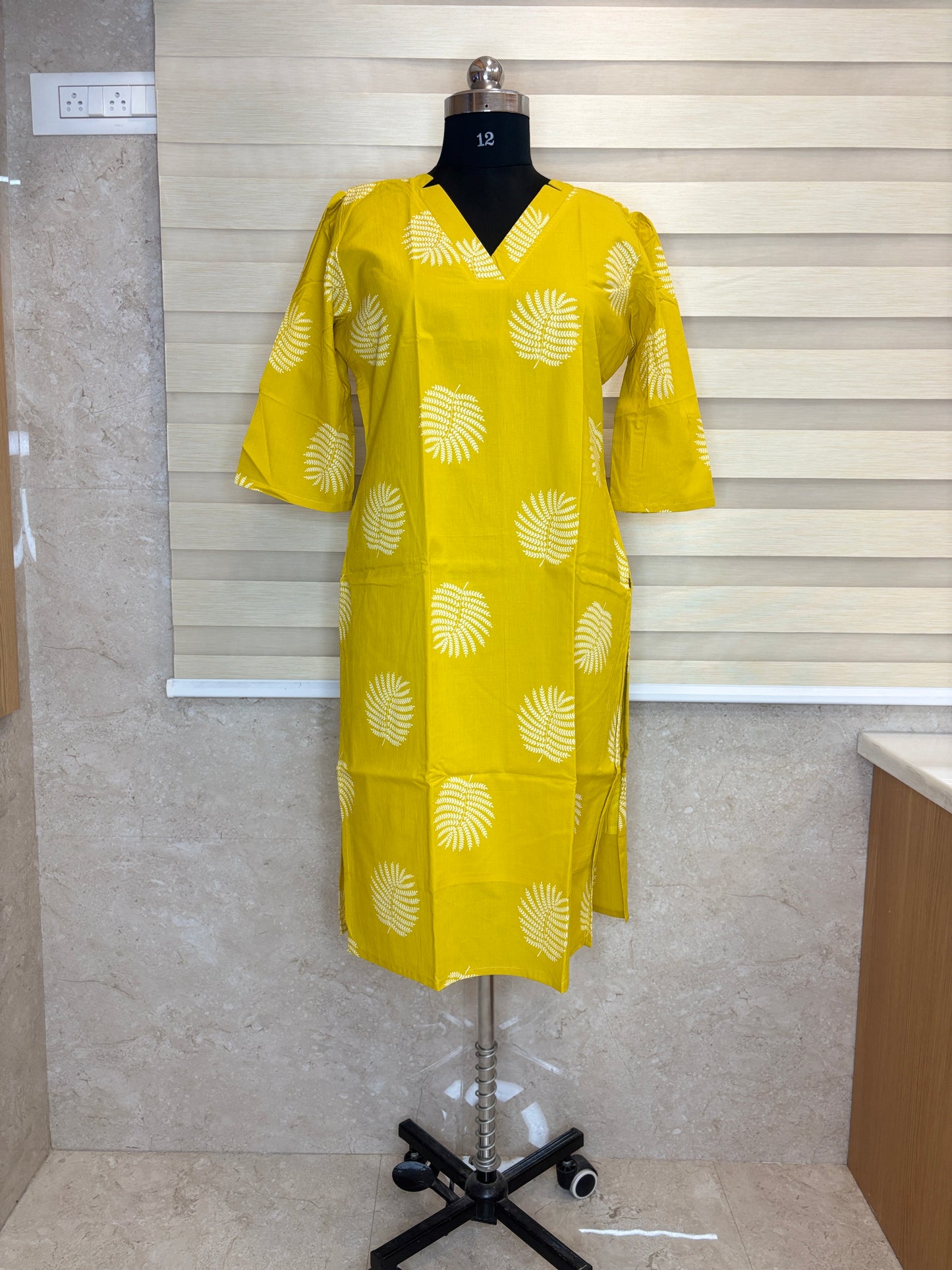 Mustard Yellow White Fern Leaf Print Soft cotton Kurti with full lining