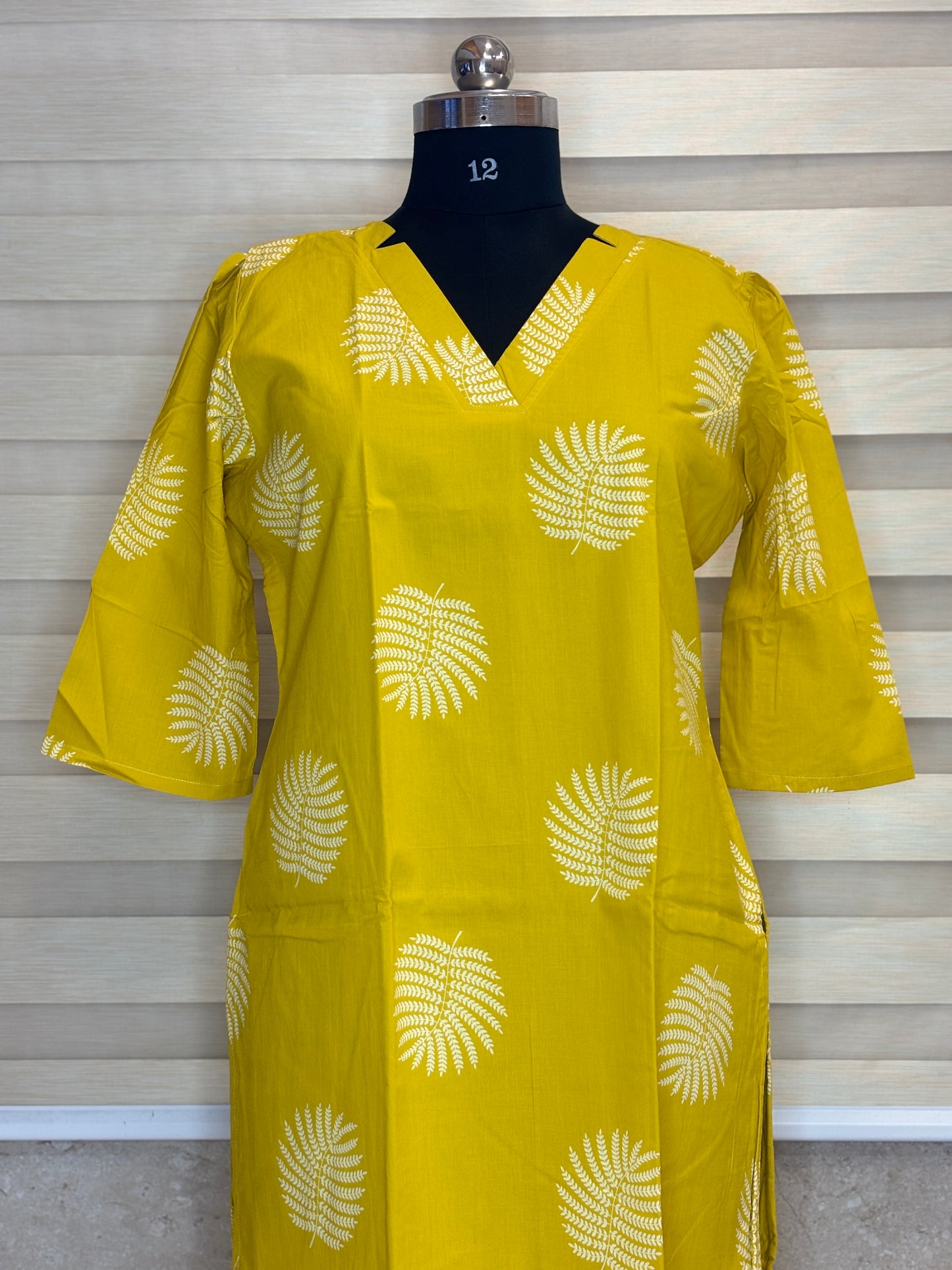 Mustard Yellow White Fern Leaf Print Soft cotton Kurti with full lining