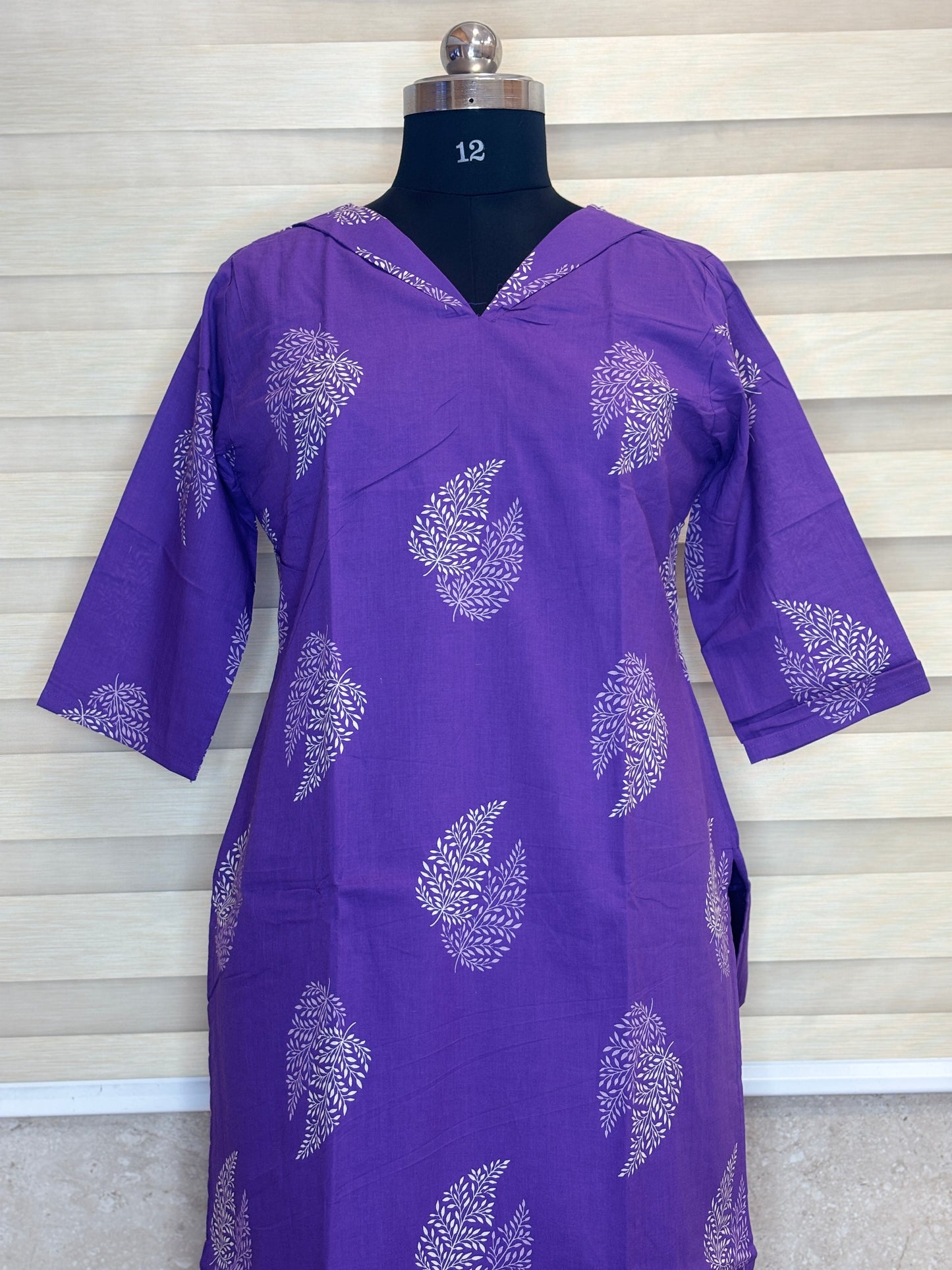 Royal Purple White Paisley Buta Print Soft cotton Kurti with full lining